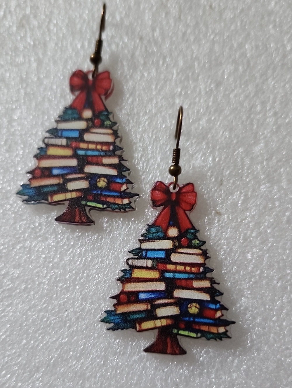 Hand Crafted Red Bow Multi-Color Book Stack Christmas Tree Earrings
